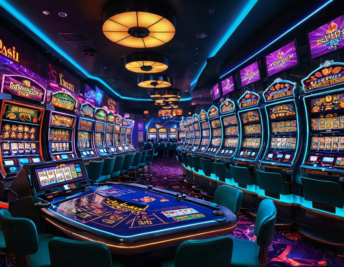 A mystical casino setting filled with vibrant neon lights, enchanting slot machines, and floating four-leaf clovers, symbolizing luck. Include a charismatic player gazing in awe at a swirling jackpot, with glimmering coins and golden chips raining around. The atmosphere should feel magical and exhilarating, inviting viewers to explore the thrill of virtual casinos. cyberpunk. vibrant colors. super-realistic.