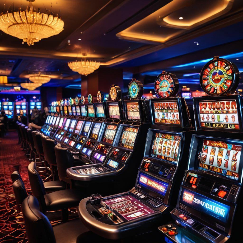 A stunning casino scene showcasing a vibrant juxtaposition of colorful slot machines on one side and elegant table games like poker and blackjack on the other. Include excited players and dealers interacting, bright lights illuminating the scene, and a roulette wheel spinning in the background. The atmosphere should convey excitement and success. super-realistic. vibrant colors. dynamic lighting.