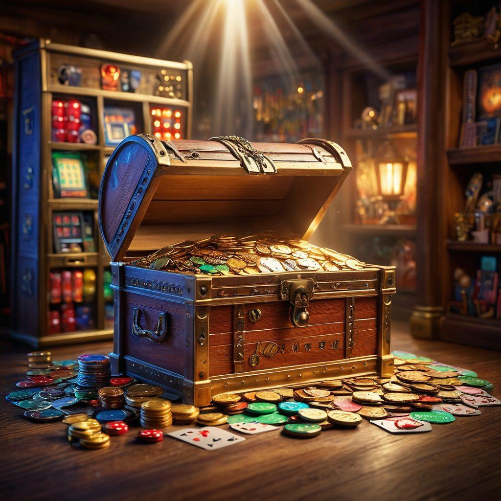A mystical treasure chest overflowing with shimmering coins and colorful slot machines in the background, surrounded by cards and dice representing luck and strategy. Bright beams of light illuminating the scene, creating an atmosphere of excitement and adventure. Fantasy elements like a magician casting spells in the corner, symbolizing the secrets of success. super-realistic. vibrant colors. whimsical.